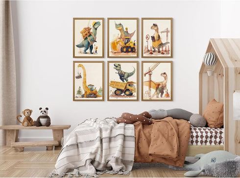 Youillne 8x10 Inch Set 6 Dinosaur Nursery Wall Art Boys Room Canvas Wall Decor Construction Toddler Poster Kids Dino