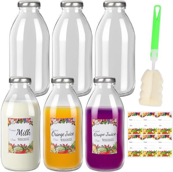 9 oz Glass Milk Bottles with Lids, 6 Pack Reusable Juice Bottle,