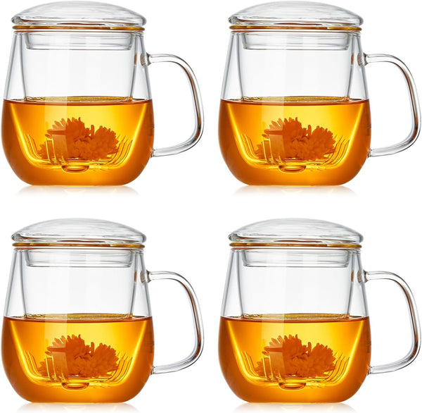 DOPUDO Glass Teacups 4 Pack Glass Tea Cup with Infuser and Lid,