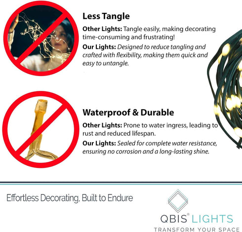 6hr QBIS Outdoor Christmas Lights - Fairy Lights Battery Operated with Small Warm White LEDs, Green Wire