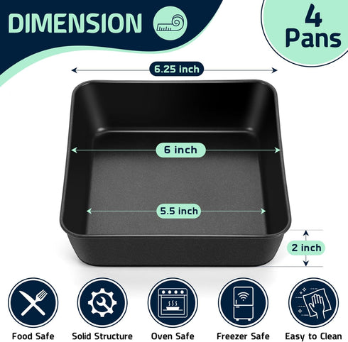 P&P CHEF Nonstick 6 Inch Square Baking Cake Pans, Small Deep Baking Pan for Cake Lasagna Pie, Easy Release & Easy Clean, Leakproof & Oven Safe, 4 Pieces, Black by P&P CHEF