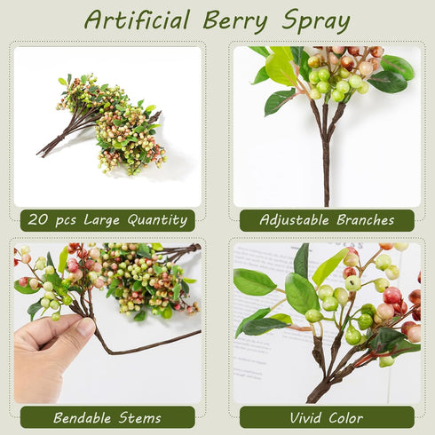 20 9.8 inch SHACOS Artificial Pink Berry Stems PCS Fake Berries Branches Spray with Green Leaves Small Berry Picks