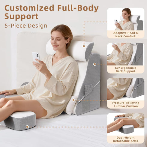 5PCS 2 1 19 Reading Pillow for Sitting in Bed Adult, in Foldable Back Wedge Pillow for Sleep, Ergonomic Back Support