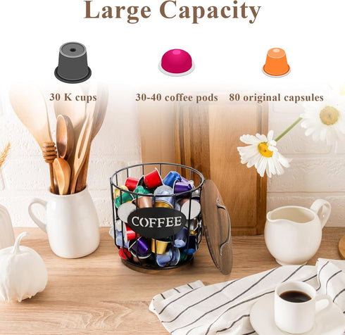 yarlung Coffee Pod Holder with Lid, Large Capacity K Cup Storage Basket with Rustic Wooden Base for Kitchen Countertop