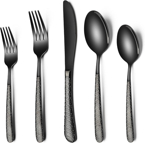 Black Hammered Silverware Set, 20-Piece Heavy Duty Stainless Steel Flatware for 4, Food-Grade Cutlery Set, Mirror Finish