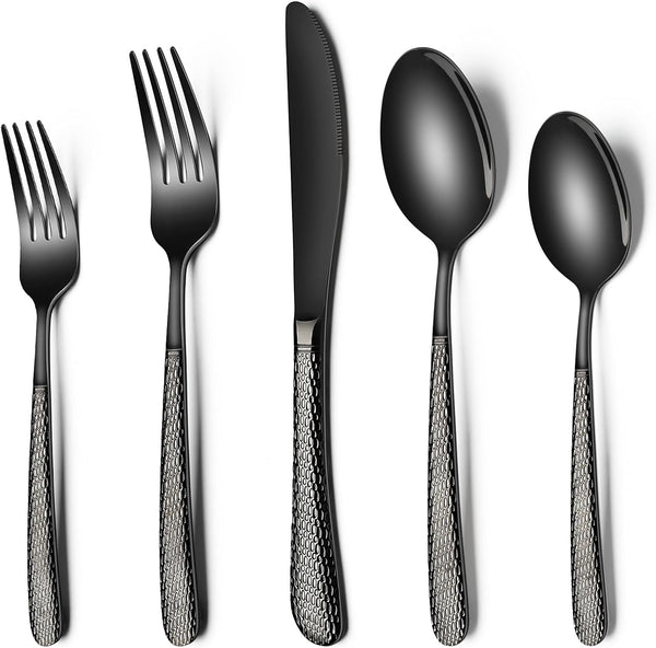 Black Hammered Silverware Set, 20-Piece Heavy Duty Stainless Steel Flatware for 4, Food-Grade Cutlery Set, Mirror Finish