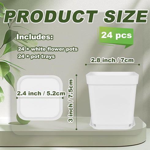 24Pcs 3" Anyumocz Square Plastic Plant Pots,White Nursery Pots with Saucers,Seedling Nursery Transplanting Planter