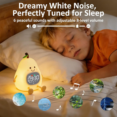 Pear Alarm Clock with Night Light for Kids with Sleep Training Light and White Noise, Rechargeable Silicone Lamp OK