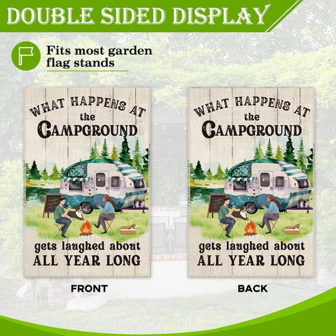 What Happens at Campground Get Laughed Garden Flag - 12 x 18 Inch Holiday Yard Outdoor Decoration