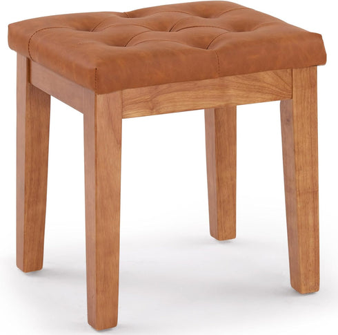 Upholstered Ottoman Stool with Padded Seat, Tufted Vanity Stool with Solid Wood Legs, Accent Stools, Faux Leather