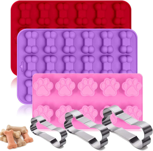 Set of 6 Silicone Molds, Puppy Dog Paw & Bone Shapes with Stainless Steel Cookie Cutters for Treats