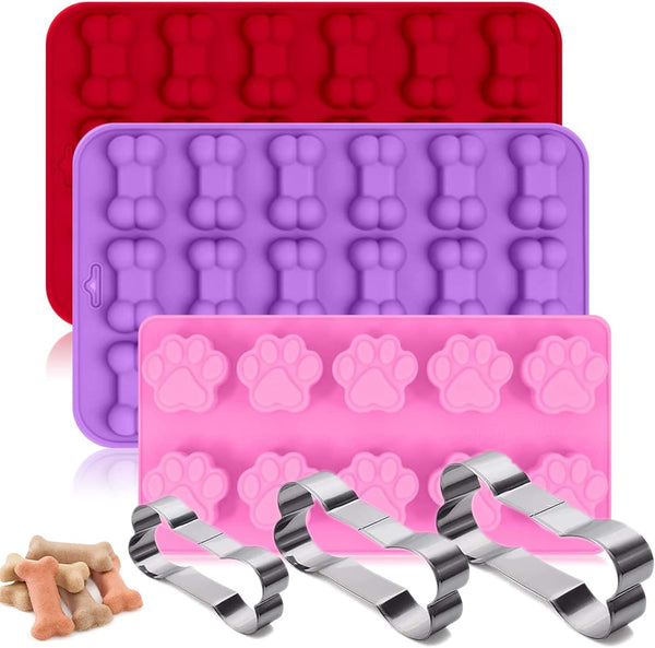 Set of 6 Silicone Molds, Puppy Dog Paw & Bone Shapes with Stainless Steel Cookie Cutters for Treats