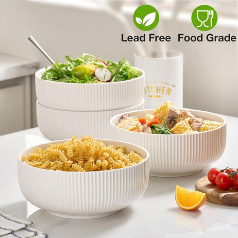 Mfacoy 2 Pack 8 inch Salad Bowl Set, 60 oz Large White Ceramic Bowls for Soup, Cereal, Ramen, Salad