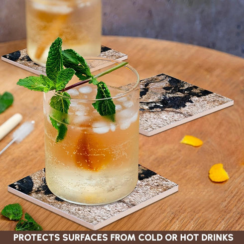 3D Rose Image of Black & Gold Speckled Granite Ceramic Tile Coasters