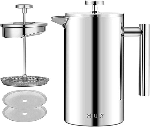 Small French Press Coffee Maker, 12OZ/350ML Stainless Steel Insulated Coffee Press with 2 Filters, 0.35 Liter (Silver)