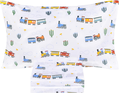 Scientific Sleep Little Train Cactus Cute Fun 100% Cotton Cozy Twin Bed Sheet Set,