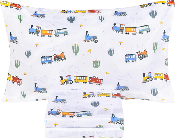 Scientific Sleep Little Train Cactus Cute Fun 100% Cotton Cozy Twin Bed Sheet Set,