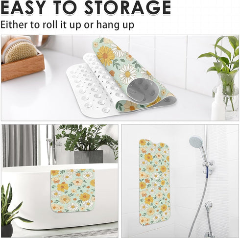 Culudea 40X16 Inch Daisy Retro Floral Bathtub Shower Mat Sage Boho Non-Slip Tub Extra Long Bath Floor Machine Washable