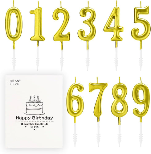 Beanlieve 10-Pieces Numeral Birthday Candles, Glitter Cake Topper Decoration for Birthday, Wedding, Party (Gold)