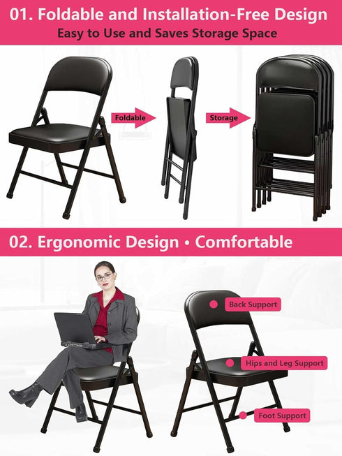 KAOCHA 1 Pack Commercial Bulk Folding Chairs with Padded Cushion, Single Black Steel Metal Frame Foldable Chair