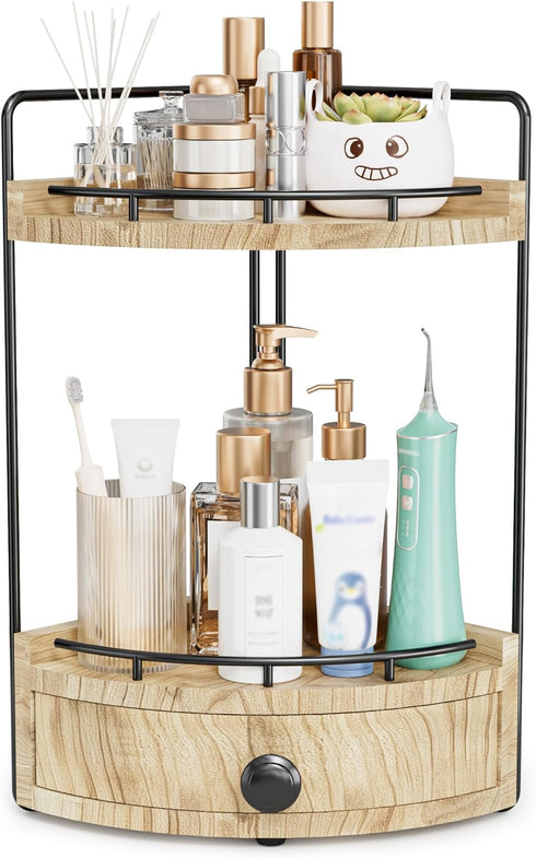 Aollewoiti 2-Tier Corner Bathroom Counter Organizer with Drawer & Embedded Screw Holes -