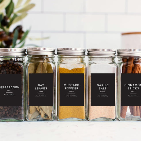 ThreeKin 230 Spice Jar Labels, Waterproof & Oil-Resistant Black Minimalist Stickers for Kitchen Organization, BPA-Free