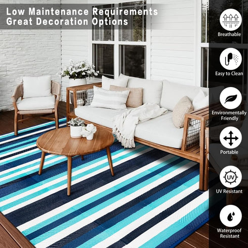 6'x9' HUGEAR Outdoor Waterproof Rug Plastic Straw Rugs Washable Reversible Floor Mat Blue Stripe Carpet for Camping RV