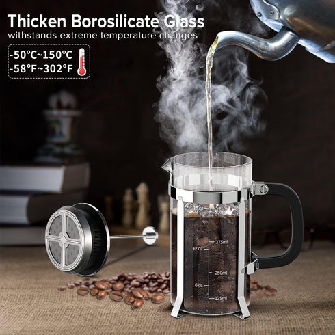 French Press Coffee Maker, 304 Stainless Steel, 4 Filters, Borosilicate Glass, 21 Ounce, Silver