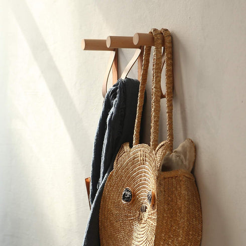 Wooden Hooks with Leather for Wall Mounted Single Hangers, Handmade Craft for Coats, Hat, Bags Rack (3pcs, Oak)