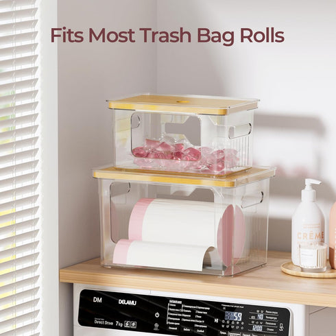 2 Pack Delamu Acrylic Trash Bag Holder, (XL+S) Stackable Garbage Bag Dispenser, Clear Organizer Bins for Under Sink