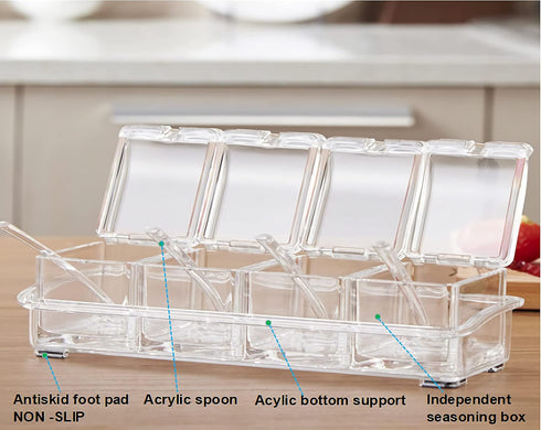 KNC Transparent Spice Rack, 4 Piece Acrylic Storage Container Jars with Cover and Spoon, Kitchen Organizer