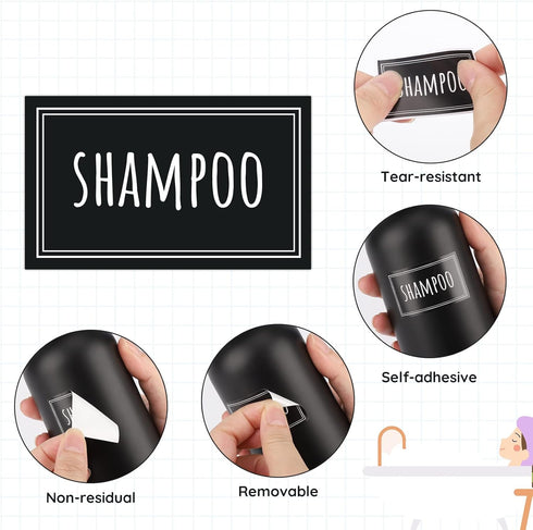 Segbeauty 36PCS Black Waterproof Labels, Self-Adhesive Bathroom Organizing Stickers for Shampoo and Body Soap