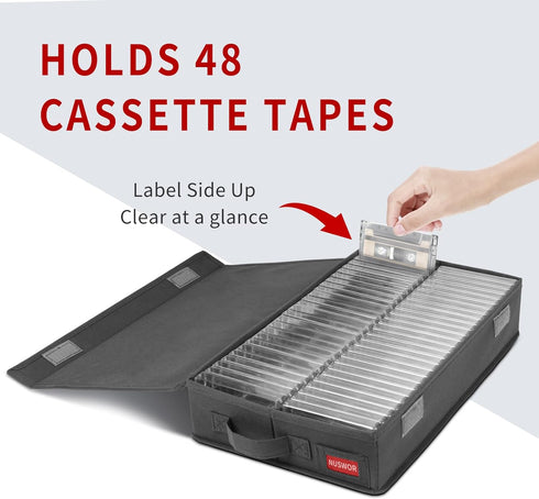 Minimalist Storage Box (Cassette Tape), Stackable with Lid, Holds 96 Cassettes, 16.34x9.25x3.4 Inches - Grey, 2 Count