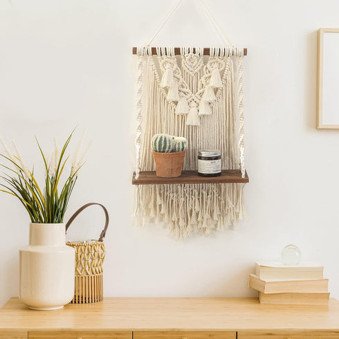 ANROYE Single Tier Macrame Boho Wall Hanging Shelf, Handmade Bohemian Wooden Woven Plants Floating Shelves Decor, Mini
