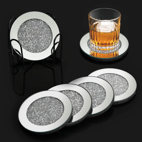 6 Pcs Glass Mirrored Coasters for Drinks with Holder, Mckanti Crushed Diamond