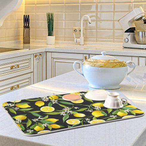 ALAZA Yellow Lemon on Black Dish Drying Mat, Absorbent Microfiber Small Pad for Kitchen Countertops 16 x 18 Inch