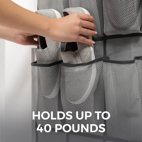 HOME GENIE 24 Pocket Strong Space Saving Over Door Shoe Organizer, Holds Up to 40 Pounds, Stay In Place Hooks Large Breathable Mesh Pocket Hanging Behind Closet Caddy Holder, Cabinet Rack, Gray by HOME GENIE