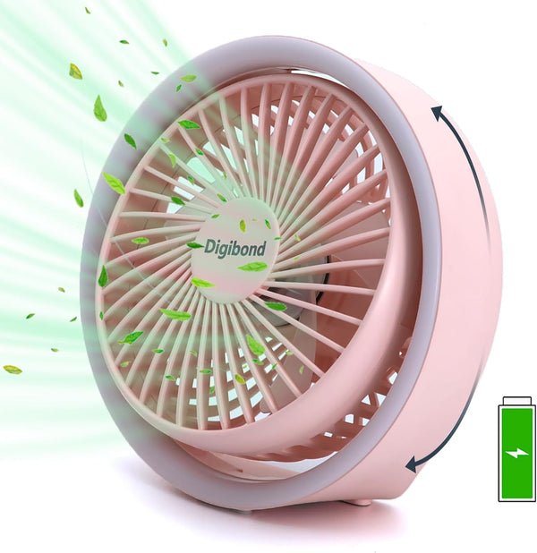 Pink Desk Fan, Small Quiet with Ambient Light, Portable USB Fan 5.3in High Power Rechargeable Battery Operate