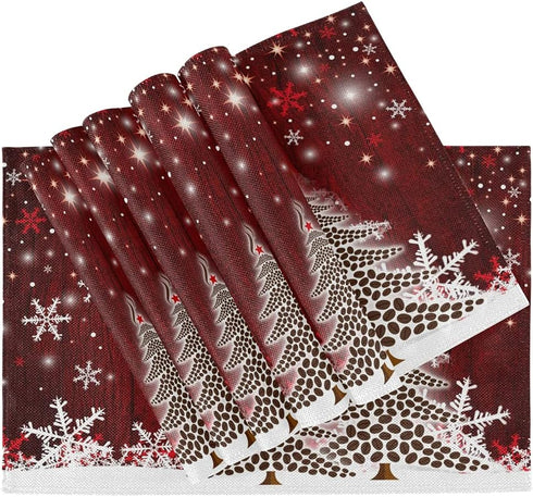 Christmas Tree with Snowflake Placemats Set of 6, Winter Holiday Kitchen Mat Dining Place Mat, Heat-Resistant