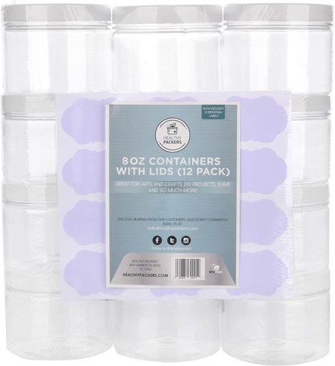 Healthy Packers 8 oz Slime Containers (12 Pack) - Clear Plastic Food Storage Jars with Water-tight Lids and Labels