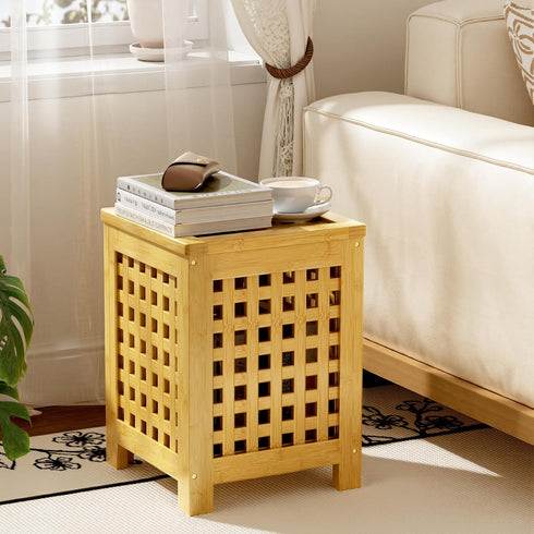 2-in-1 Bamboo End Table with Removable Cushion and Hidden Storage, Ottoman Side Table with Breathable Grid Design