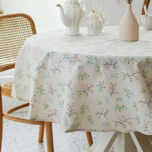YiHomer Pastoral Round Tablecloth - 60 Inch Dia. - Beige Linen Washable Table Cover for Indoor and Outdoor Dining