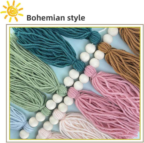 yuntop Rainbow Boho Tassel Wall Hanging with Wood Beads - Colorful Pastel Tassel Garland for Kids Room, Classroom