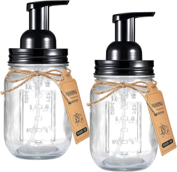 Amolliar Mason Jar Foaming Soap Dispenser, Plastic Pump with Rustproof Stainless Steel Lid, Black (2 Pack)