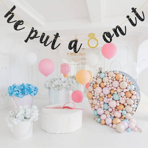 He Put A Ring On It Banner, Black Glitter Engagement Party Decoration Sign for Wedding & Bridal Showers