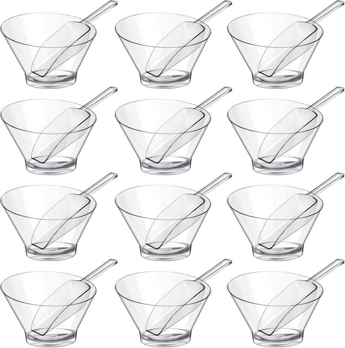 24 Pcs Plastic Clear Serving Bowls with Kitchen Scoops - Salad Serving Bowls, Angled Candy Bowl for Cooking Parties,