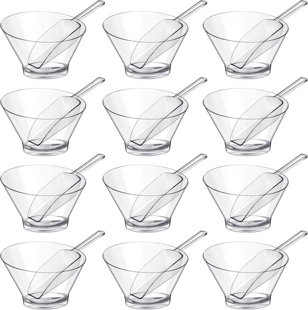 24 Pcs Plastic Clear Serving Bowls with Kitchen Scoops - Salad Serving Bowls, Angled Candy Bowl for Cooking Parties,