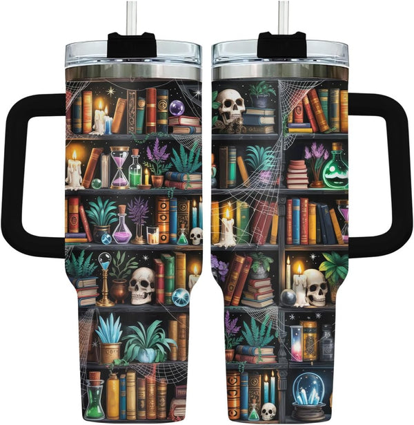 Reading Bookshelf Tumbler 40oz With Handle And Straw, Insulated Stainless Steel Travel