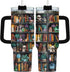 Reading Bookshelf Tumbler 40oz With Handle And Straw, Insulated Stainless Steel Travel