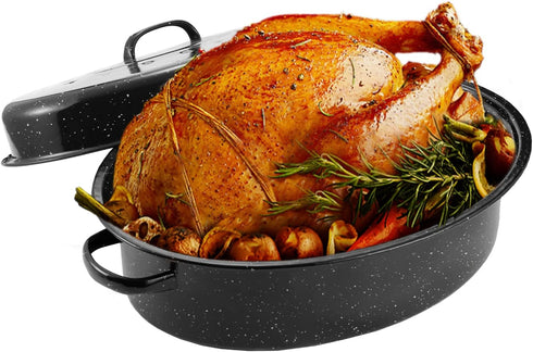 JY COOKMENT 18” Granite Roaster Pan with Domed Lid, Oval Turkey Roaster Pot for Turkey, Chicken, Lamb, Dishwasher Safe